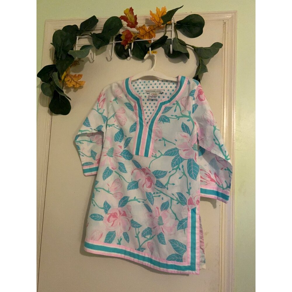 Gretchen Scott Women’s SZ M Tunic Top Pink Green Floral V Neck 3/4 Sleeve Cotton